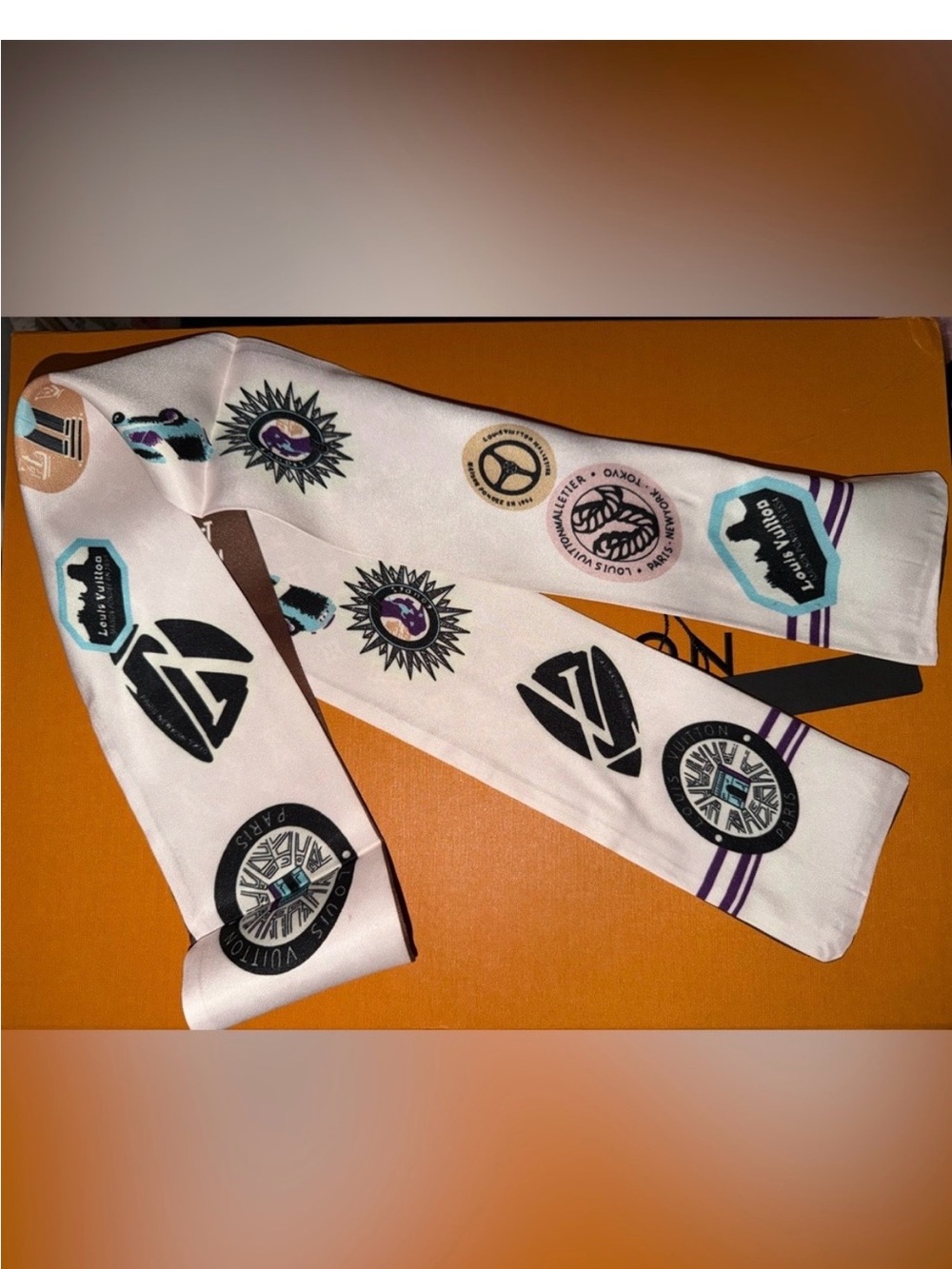 Louis Vuitton White Silk Twilly with Multicolor Emblem Motifs
